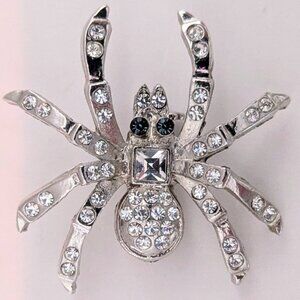 Vintage Sparkling clear Rhinestone Spider Brooch w/ Blue Rhinestone eyes!